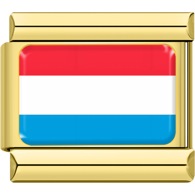 Gold rectangular Italian charm bracelet link featuring the flag of Luxembourg, with horizontal stripes of red, white, and light blue.